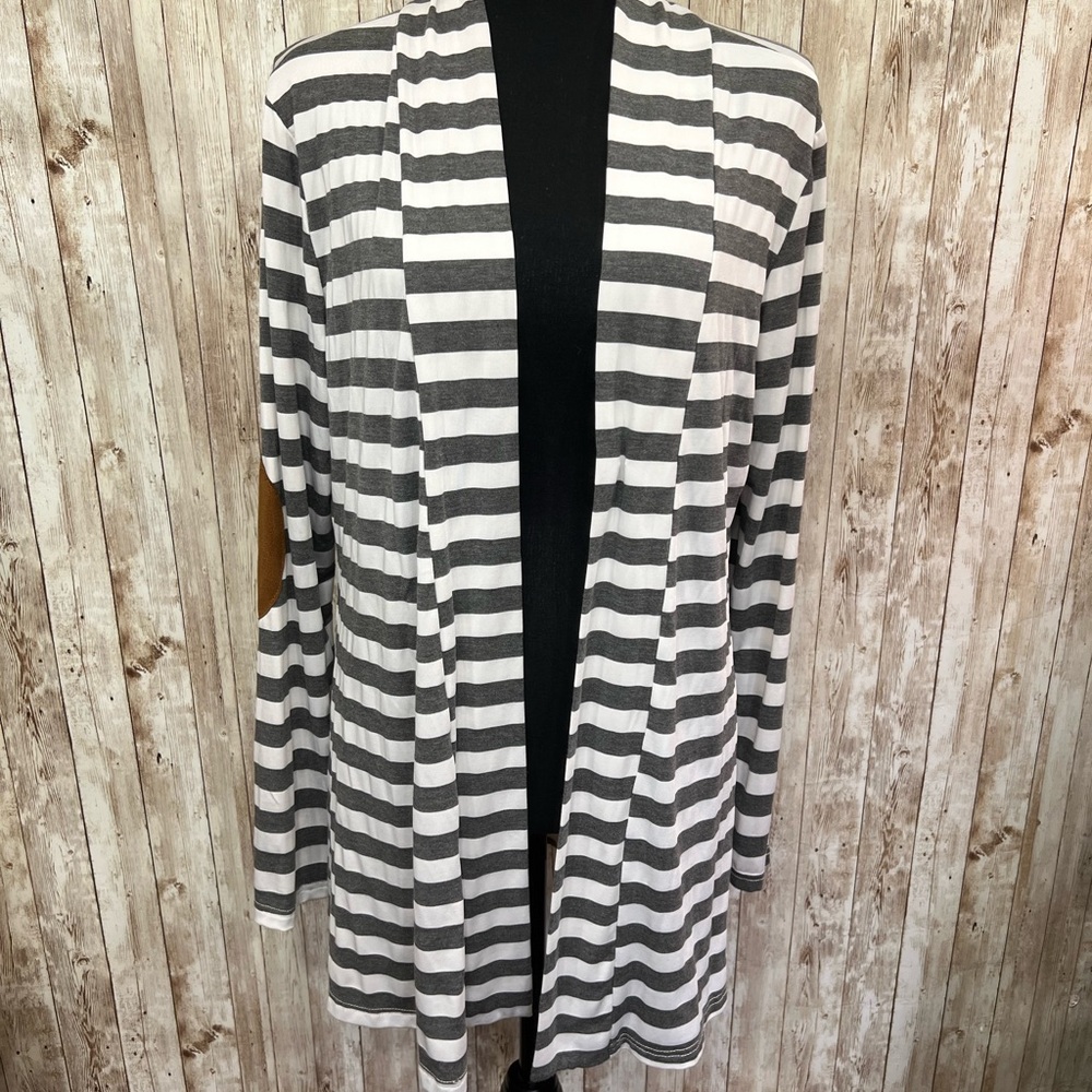 Gray and White Open Front Cardigan Sweater